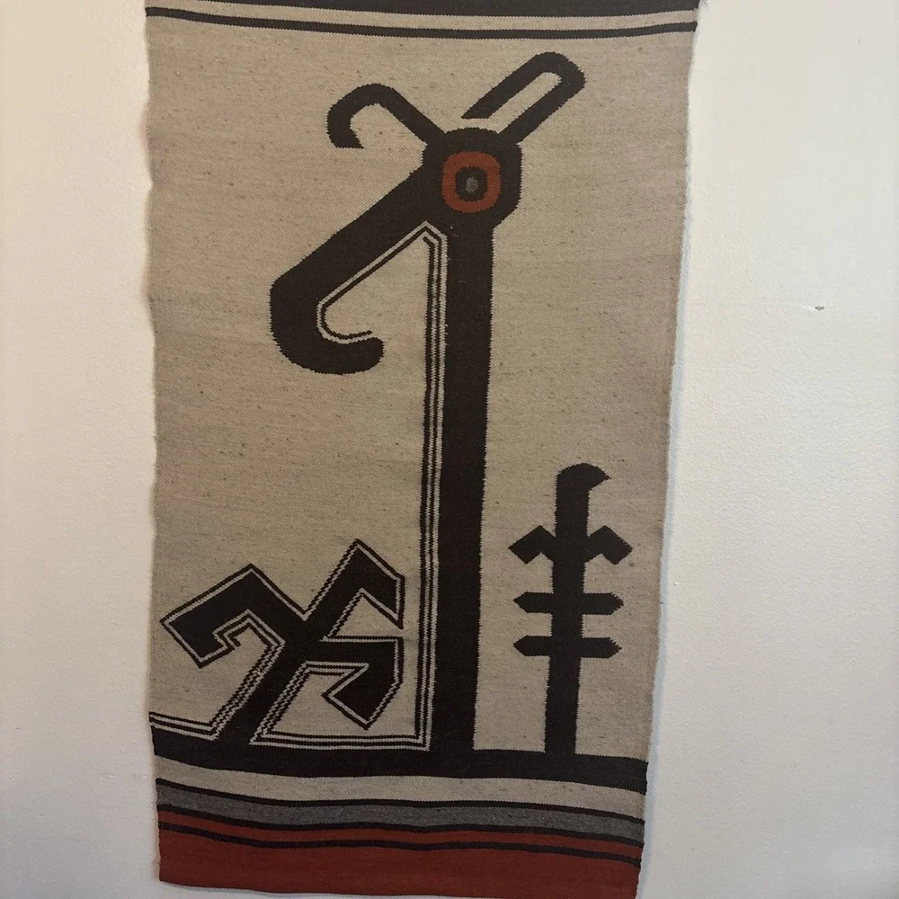 Vtg Boho Navajo Wool Woven Tapestry Yei Figures Bird Wall Hanging Rug